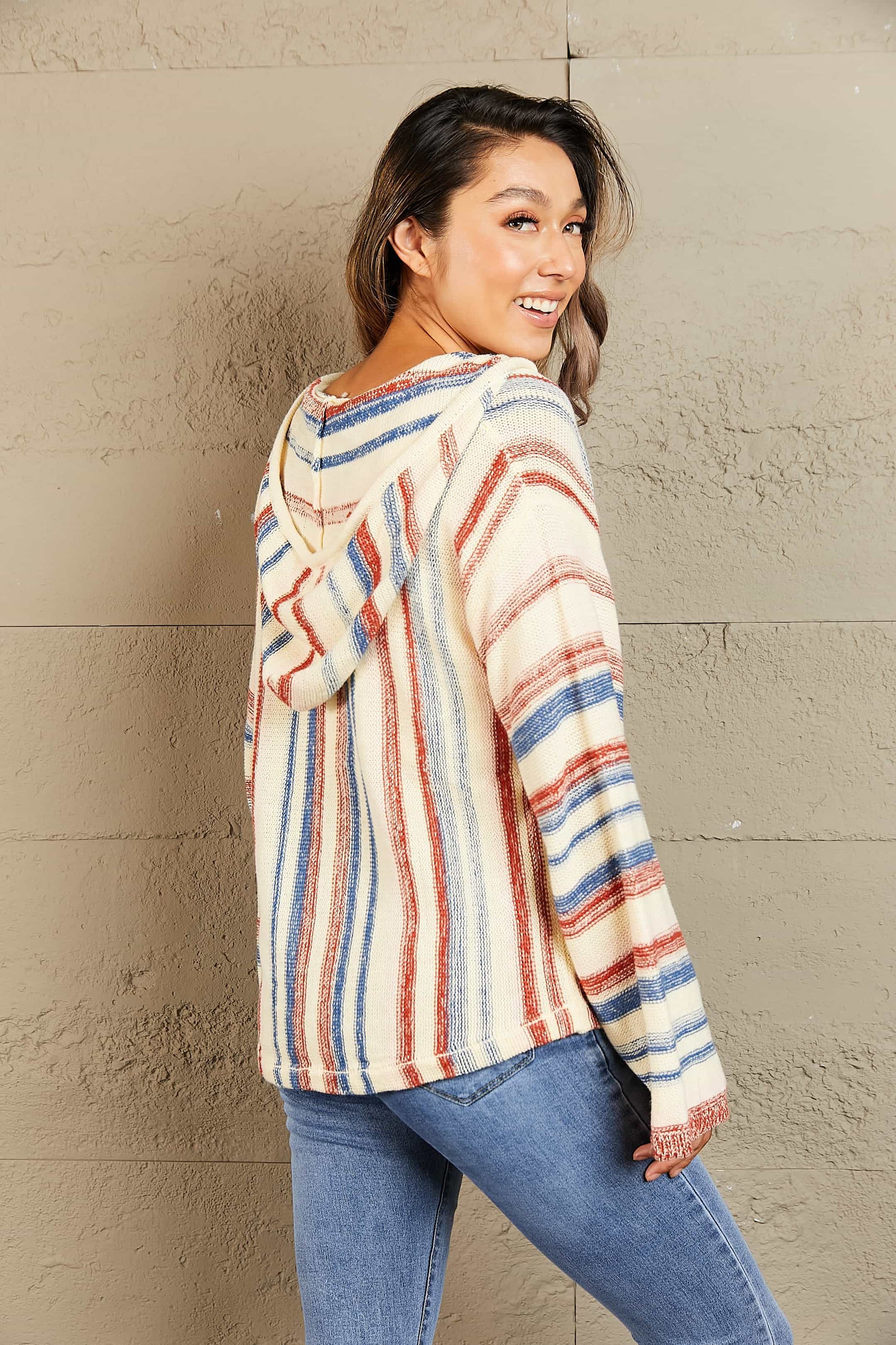 Striped Hooded Sweater with Kangaroo Pocket - Fashorio