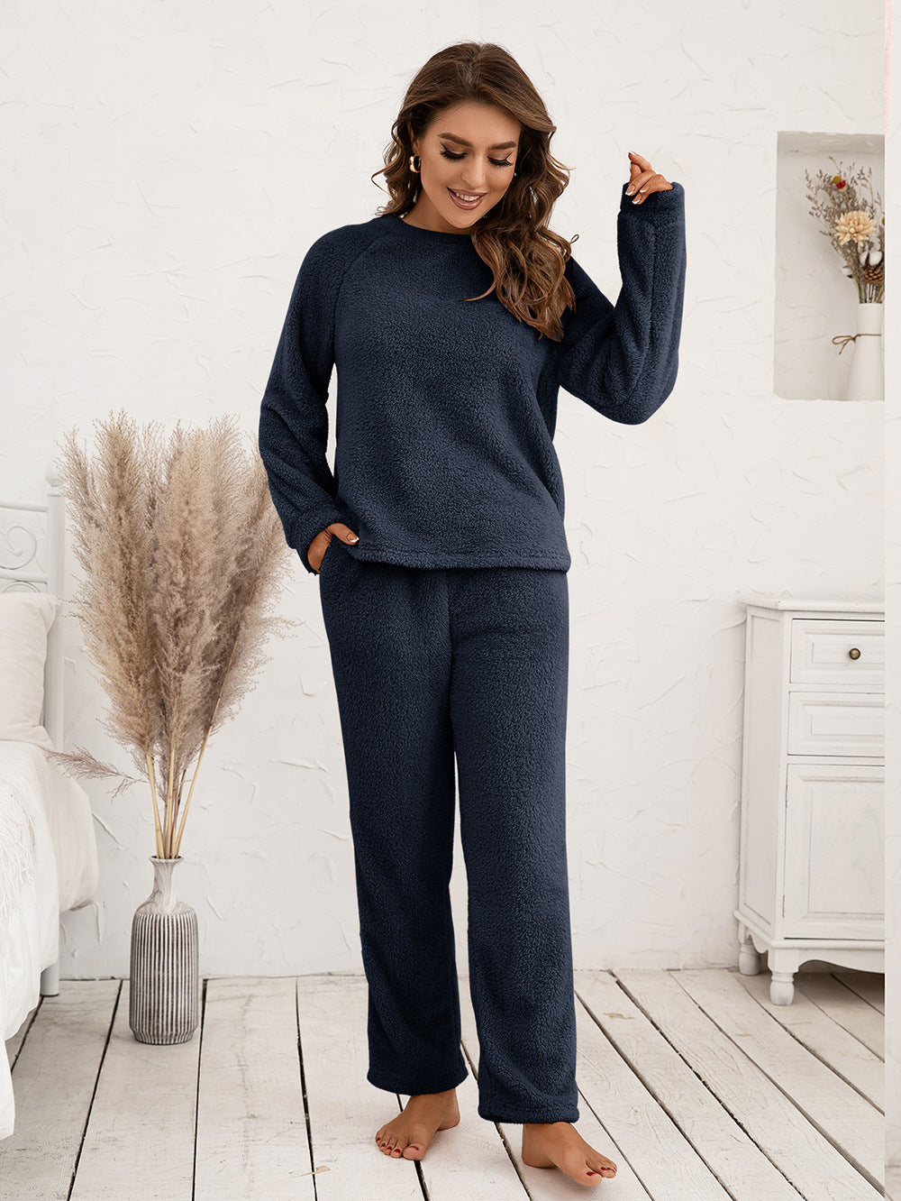 Ivy Lane Teddy Long Sleeve Top and Pants Lounge Set - Fashorio