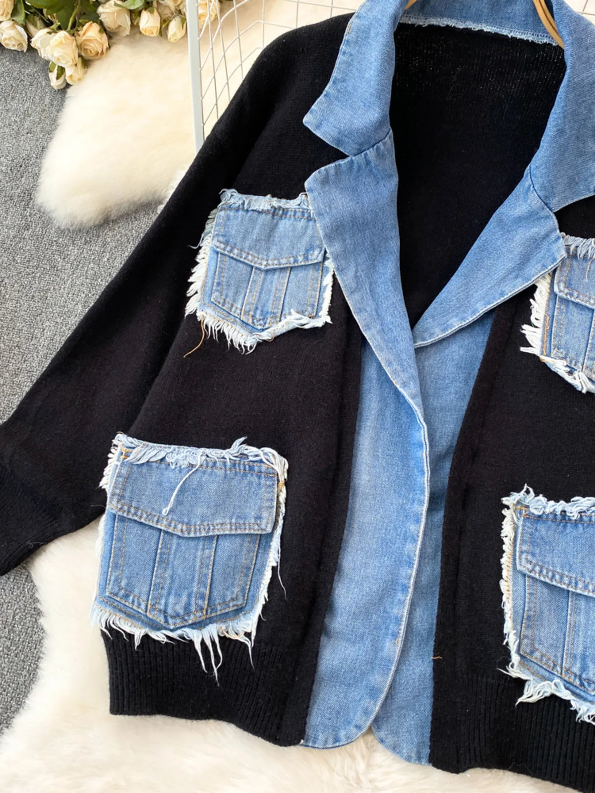 raw hem patchwork pocket cardigan close up texture