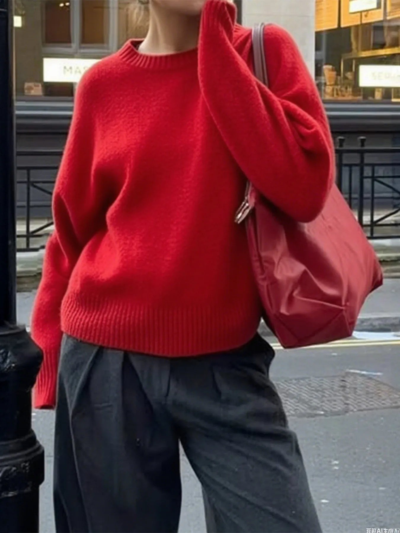 Ribbed Crewneck Drop Shoulder Sweater Red - Fashorio