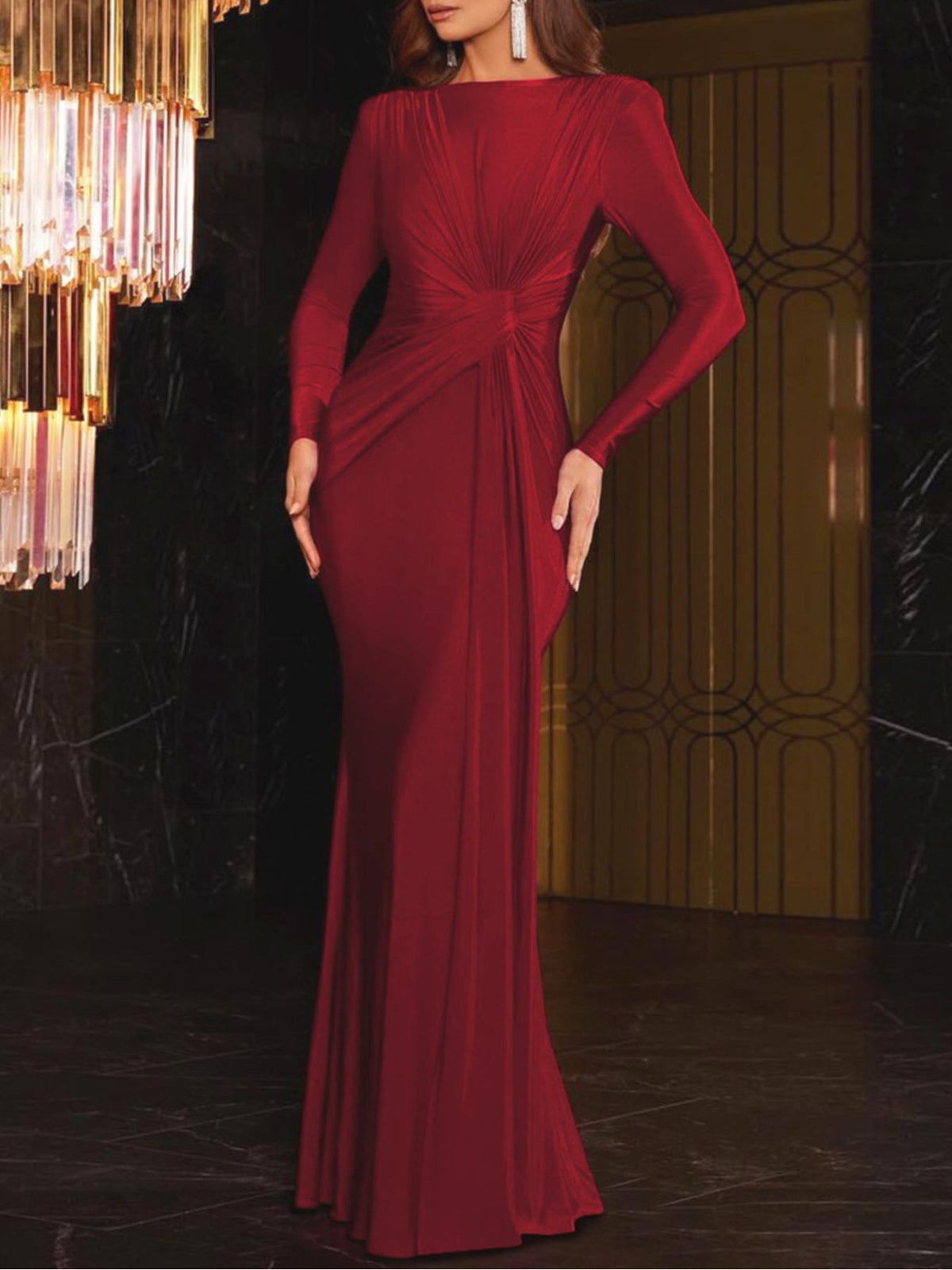 Ruched knot front long sleeve maxi dress waist detail