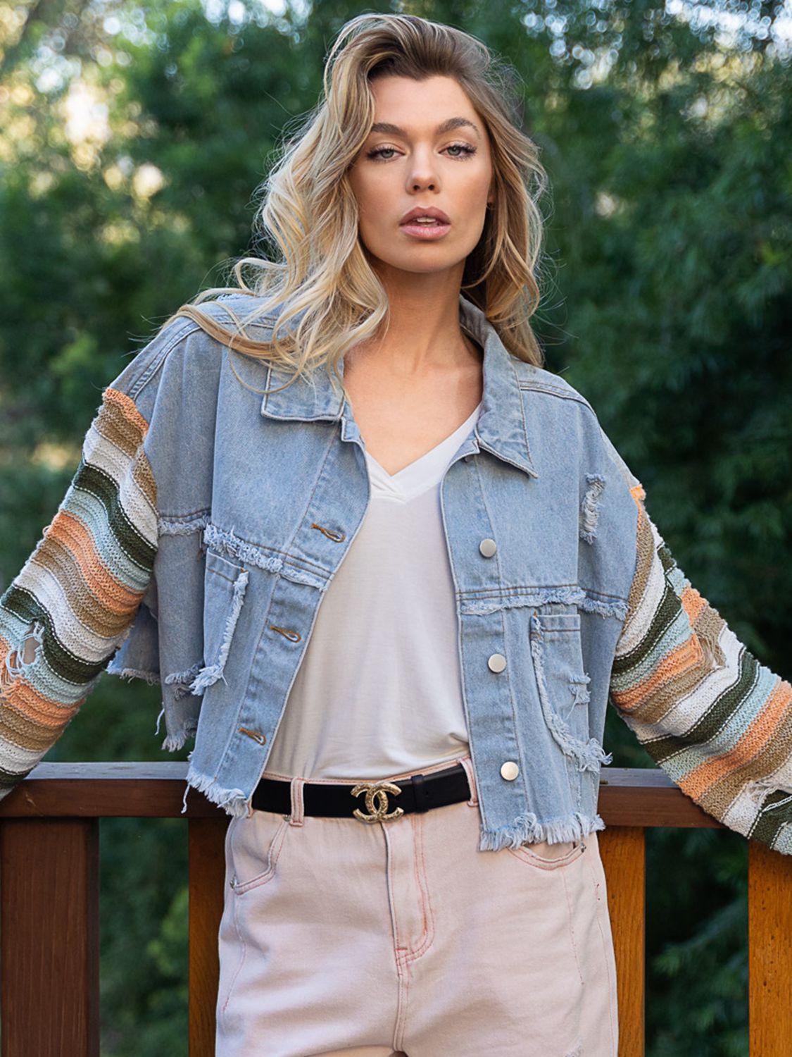 Distressed Striped Long Sleeve Denim Jacket - Fashorio