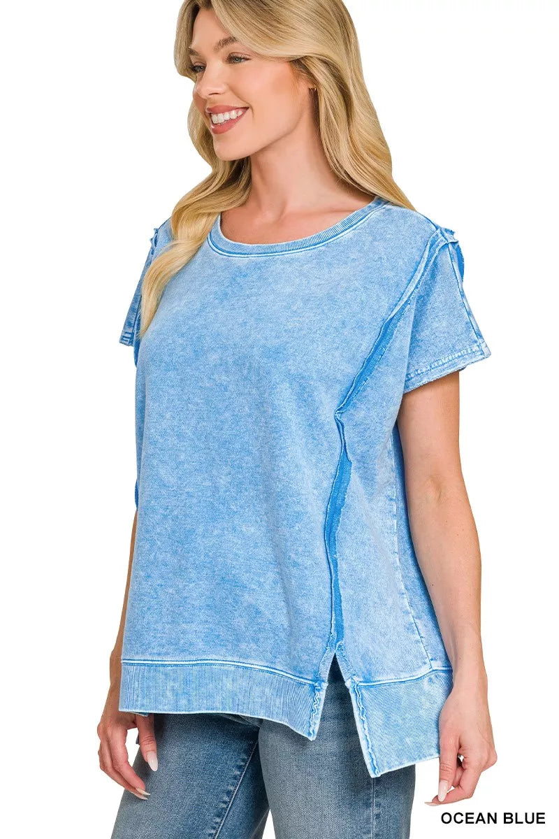 Ocean blue oversized terry top on model