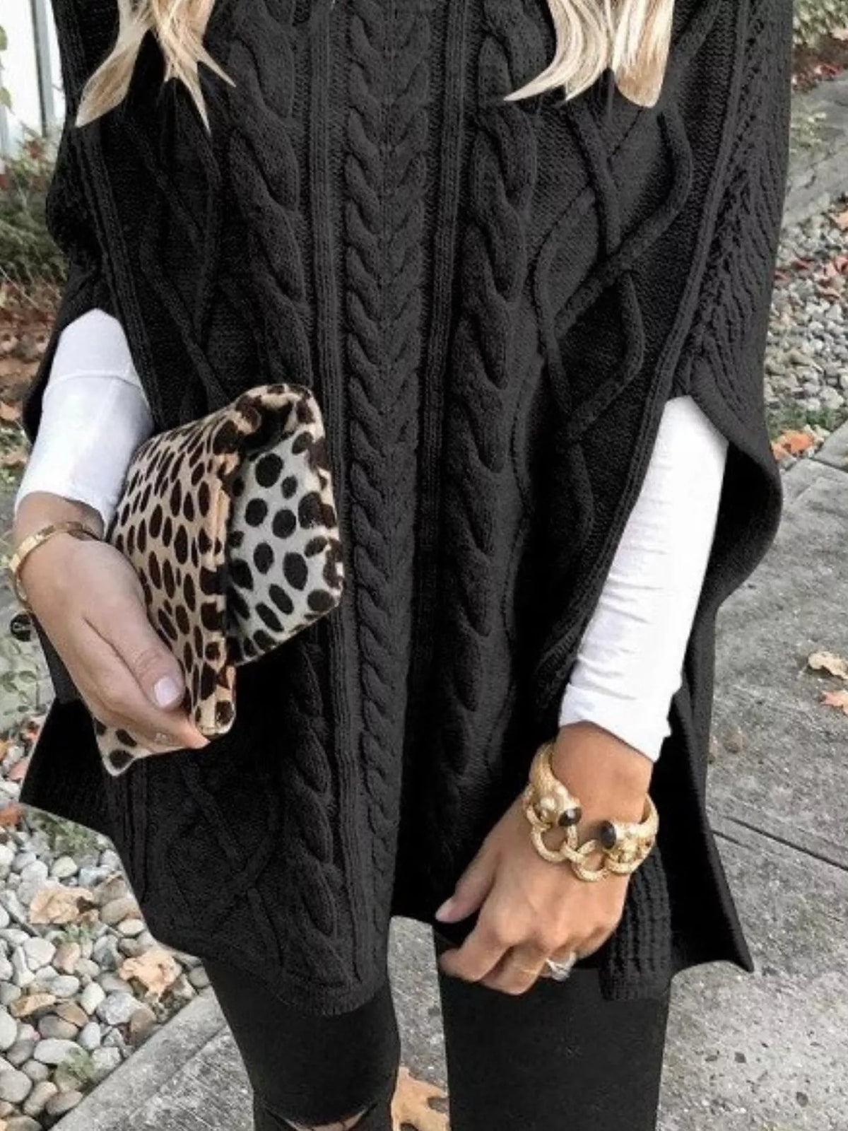 Chunky cable knit turtleneck poncho front view