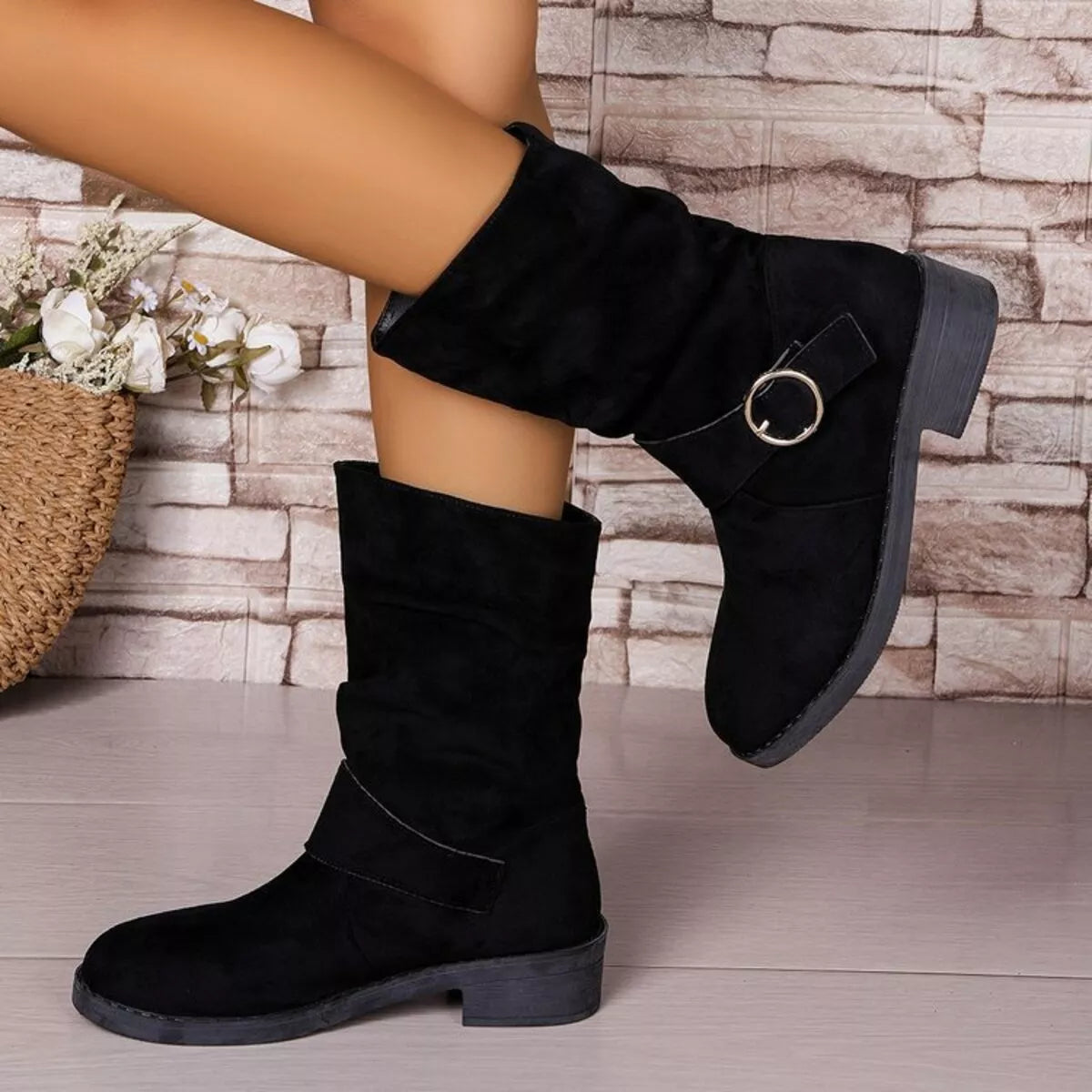 Suede round toe block heel boots side profile