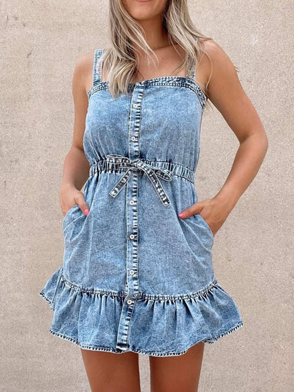 Casual Ruffled Hem Denim Mini Dress with Tie Waist - Fashorio