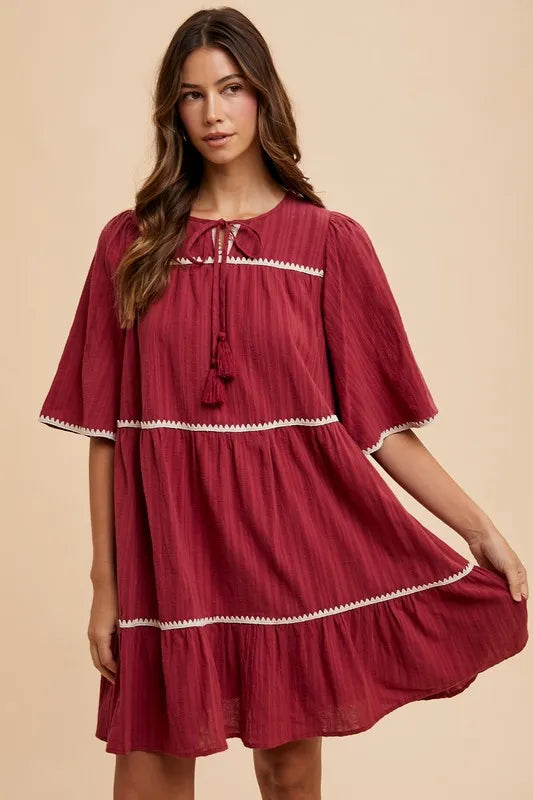 Tassel Tie Neck Tiered Dress in Burgundy detail
