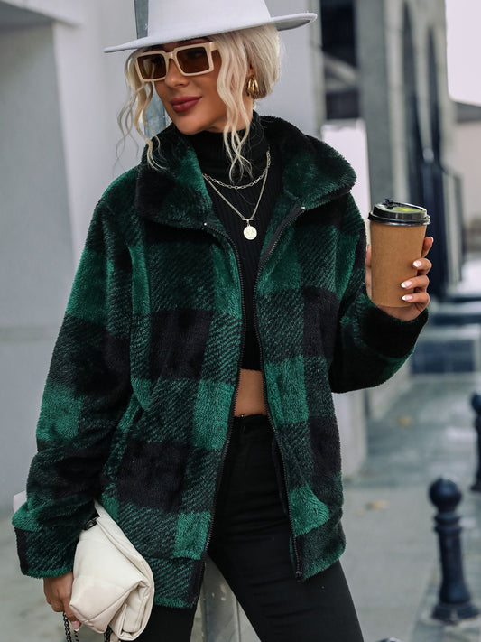 Plaid Zip-Up Collared Jacket Black Forest - Fashorio