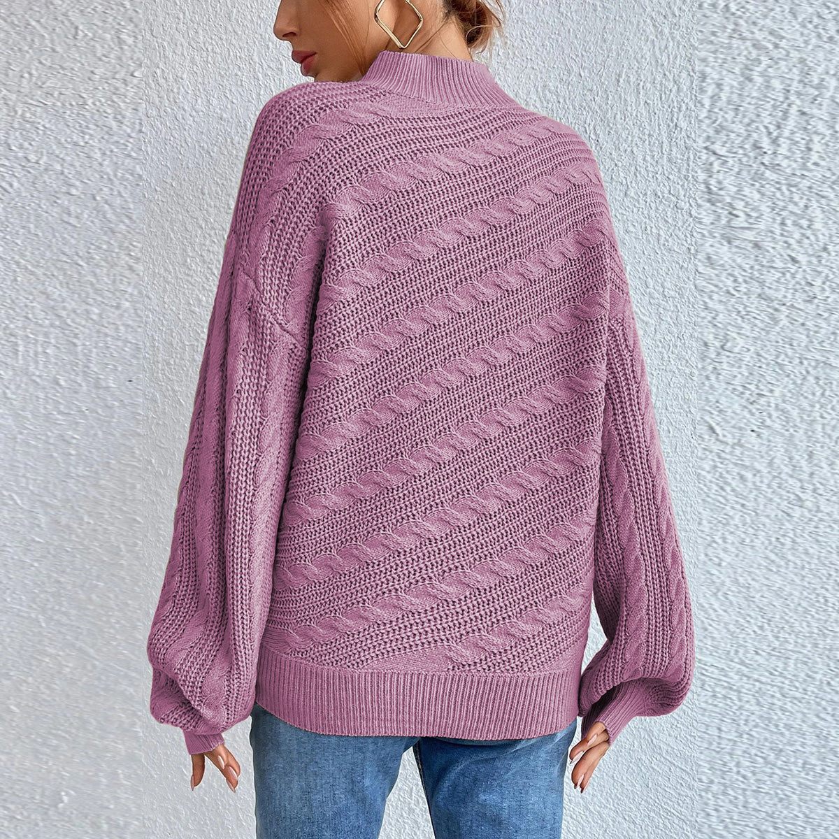 Cable-Knit Mock Neck Long Sleeve Sweater - Fashorio