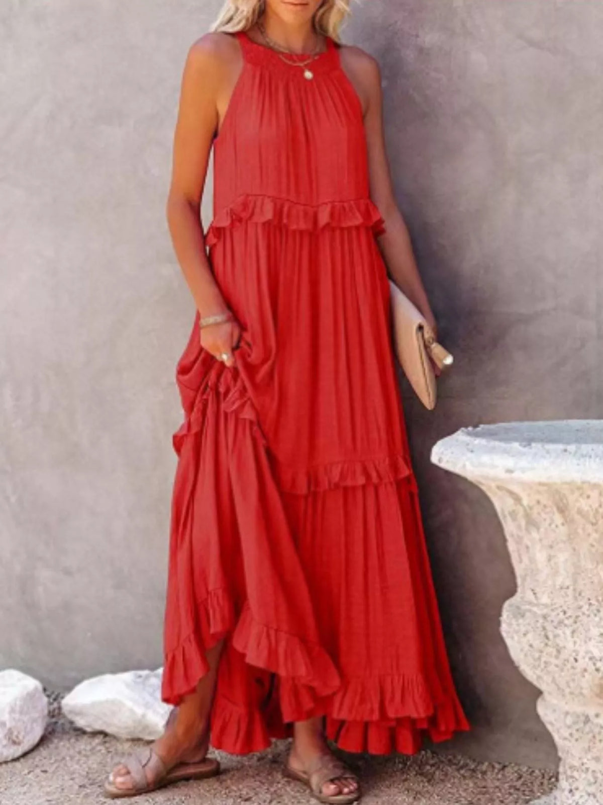 Ruffled tiered sleeveless maxi dress back view