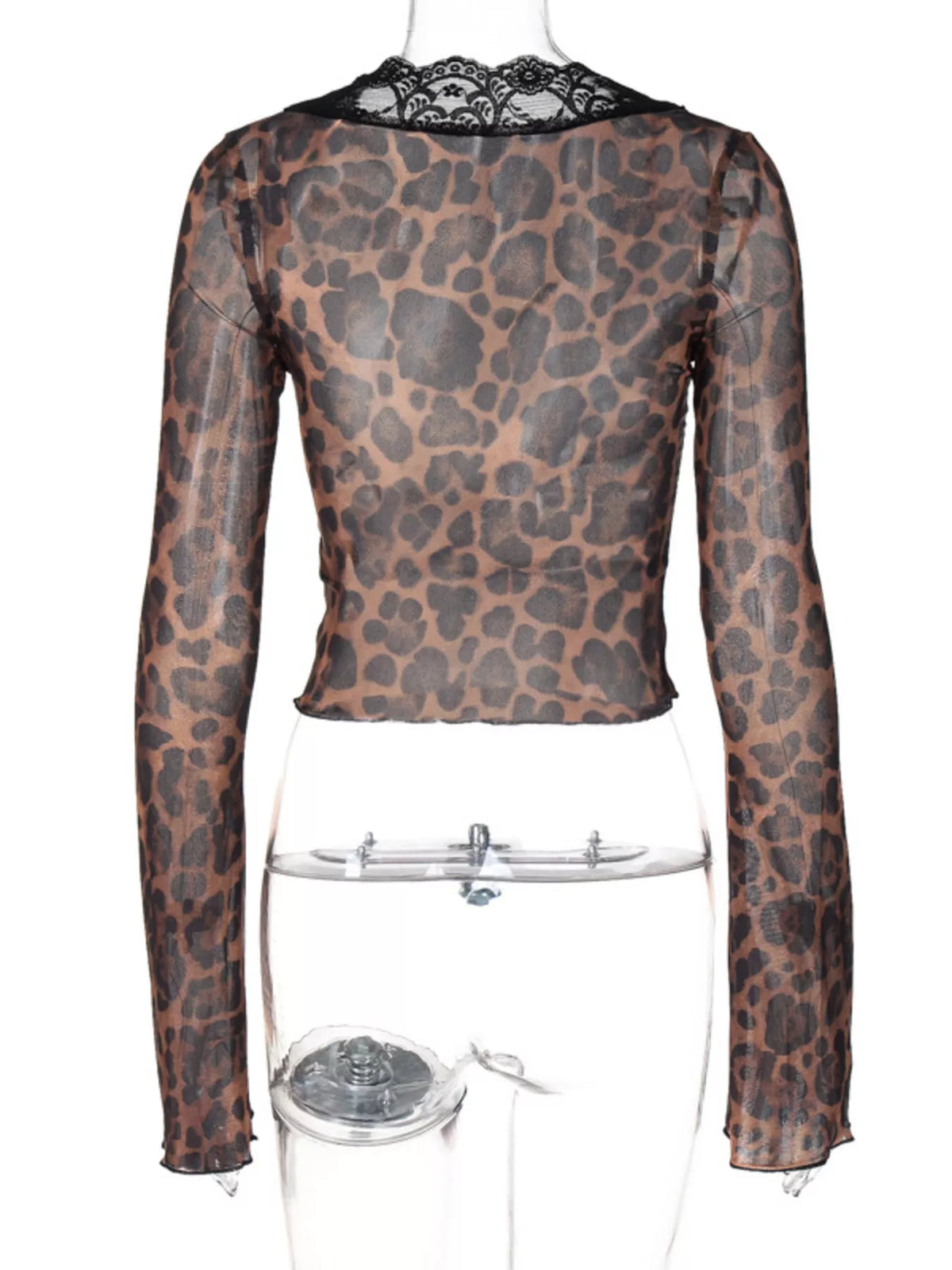 Angled view of the leopard print sheer lace top