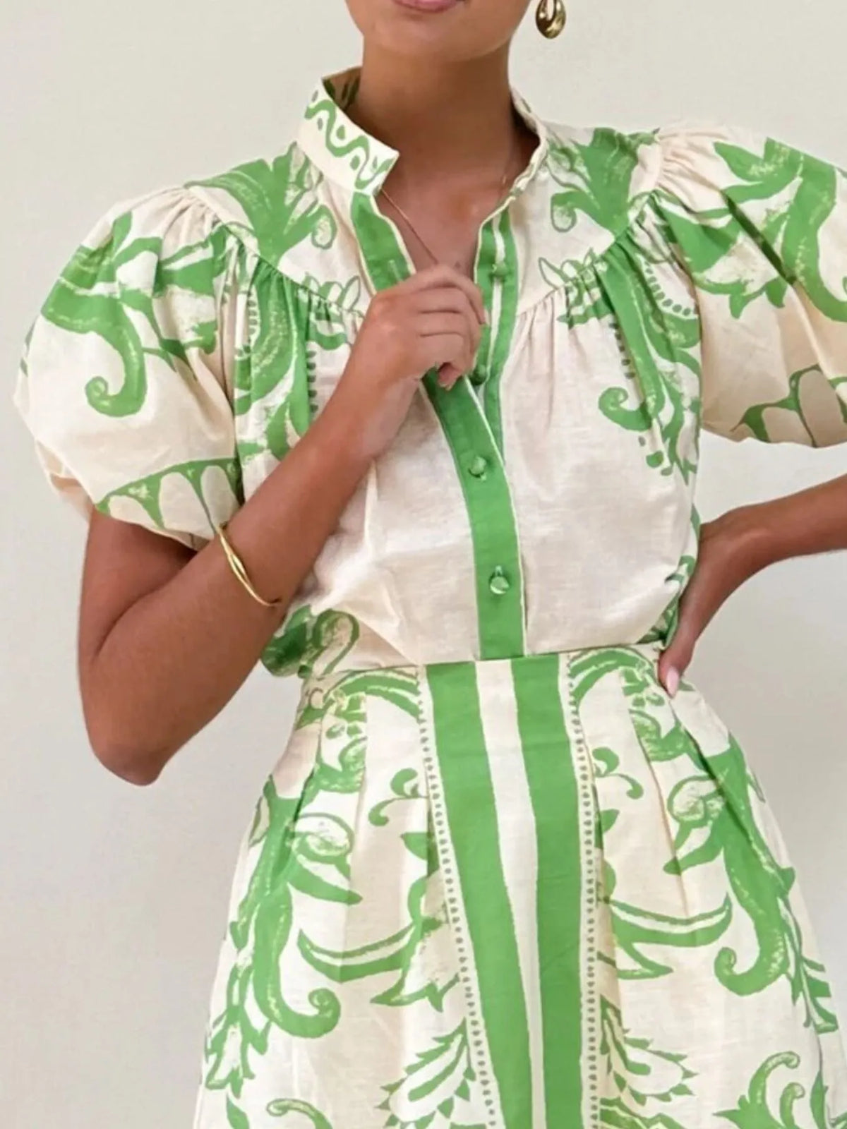 Printed Puff Sleeve Top and Skirt Set, view 13