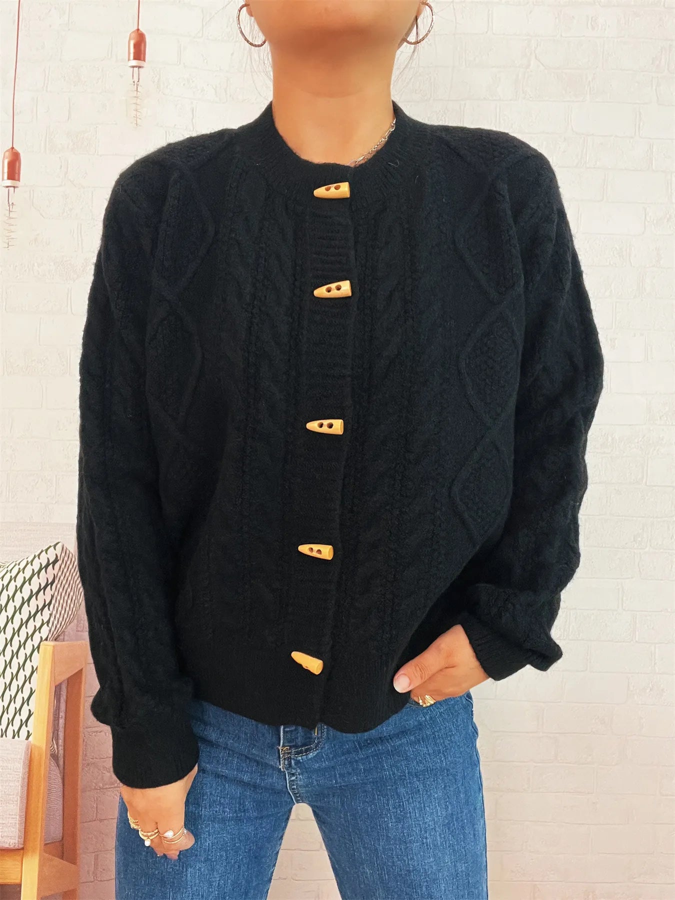 Cable Knit Button-Up Cardigan Black One Size - Fashorio