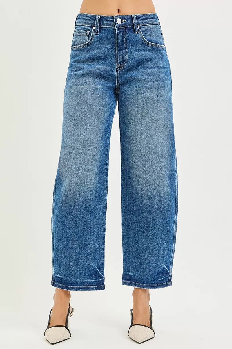RISEN medium wash slouchy barrel jeans front view