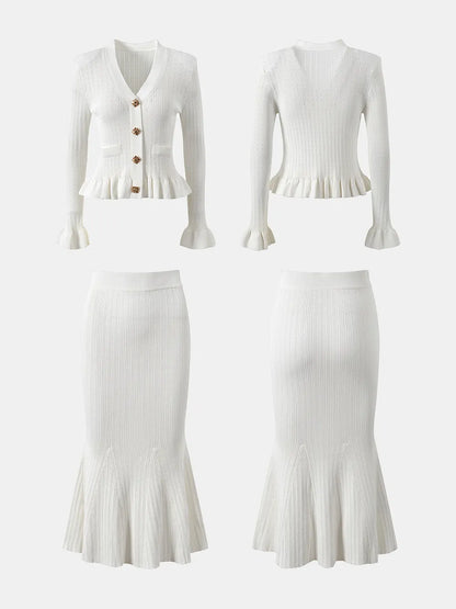 Ruffled V-Neck Top and Midi Skirt Sweater Set - Fashorio