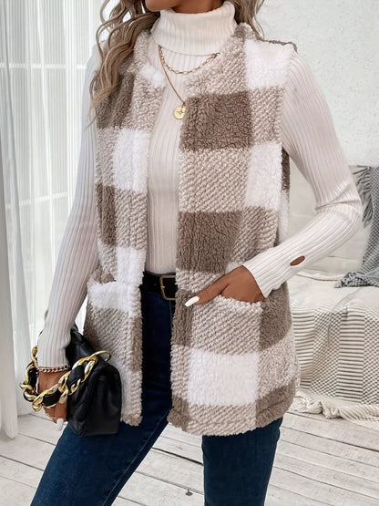 Plaid Sherpa Vest Coat with Pockets - Fashorio