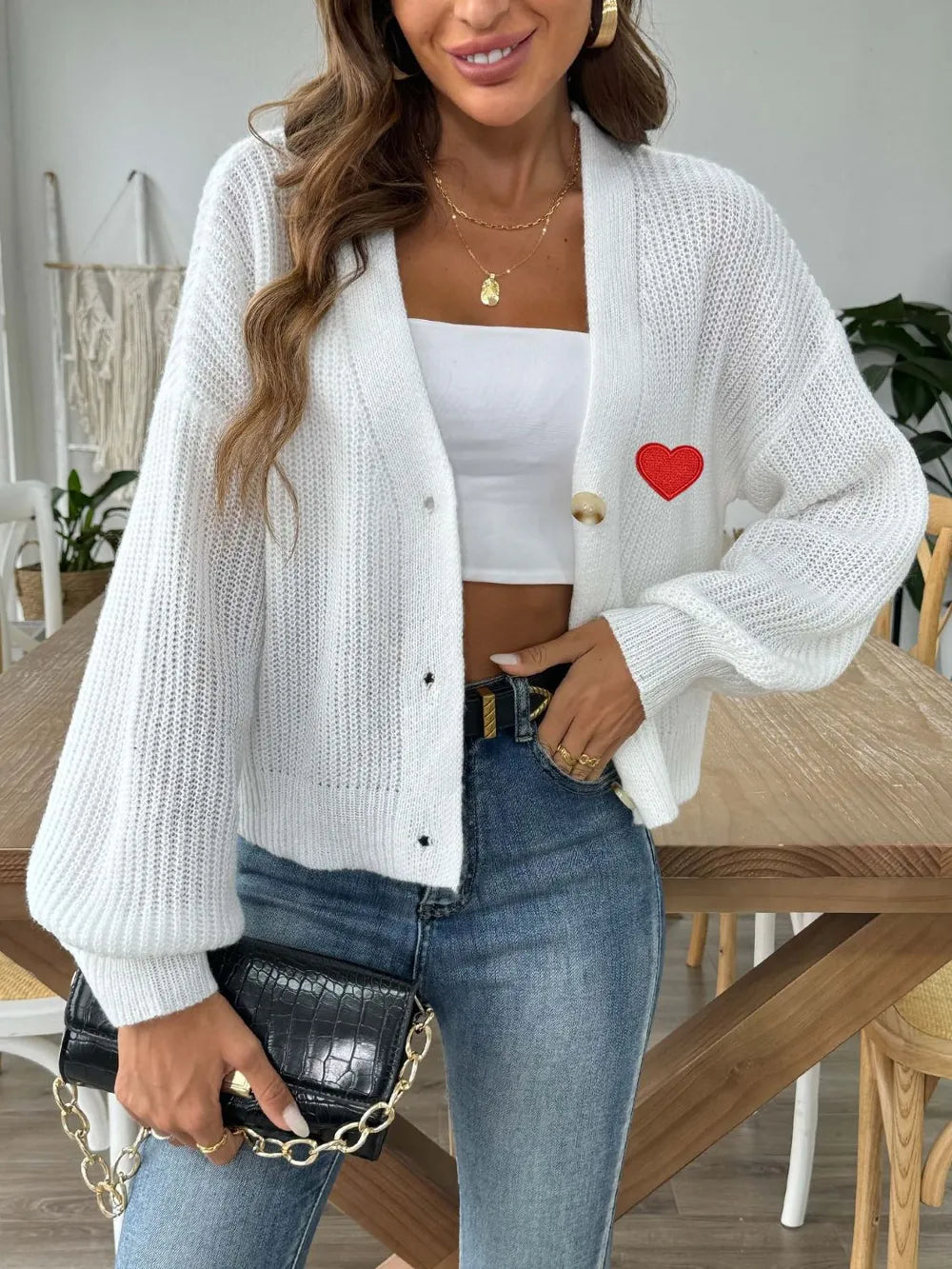 Heart Button Down V-Neck Long Sleeve Cardigan - Fashorio
