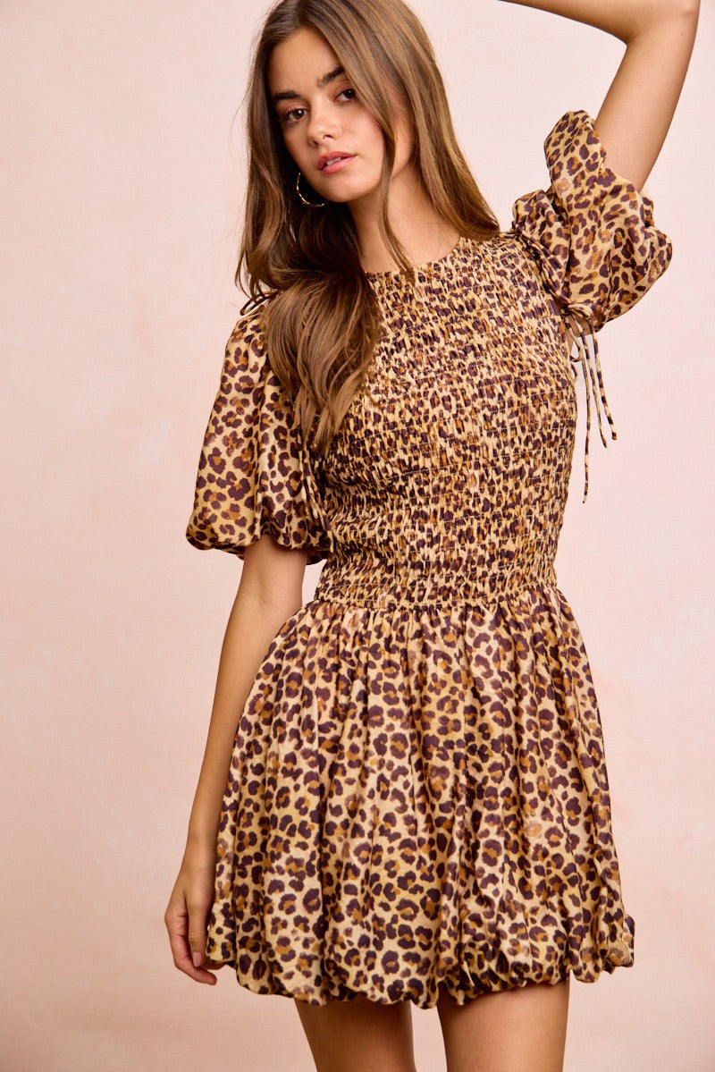 Leopard Bow Tie Attachable Puff Sleeves Dress side view