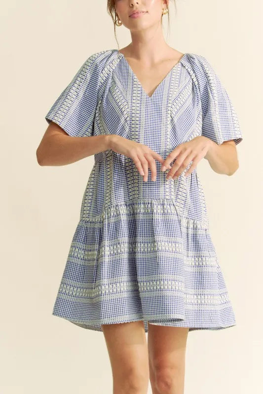 Embroidered Gingham Ruffle Mini Dress in Navy detail