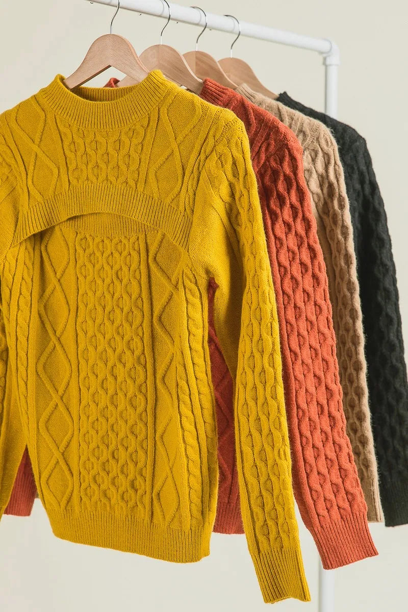 Cable Knit Sweater with Cut Out Detail in Mustard side view