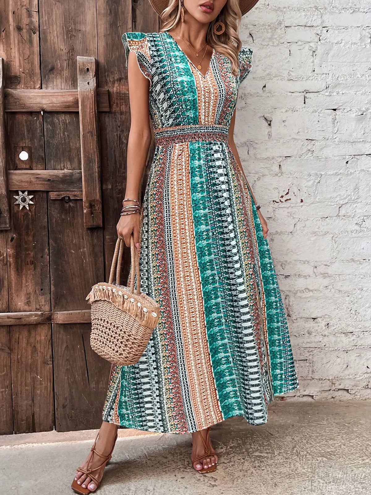 Boho print ruffle sleeve slit dress back view