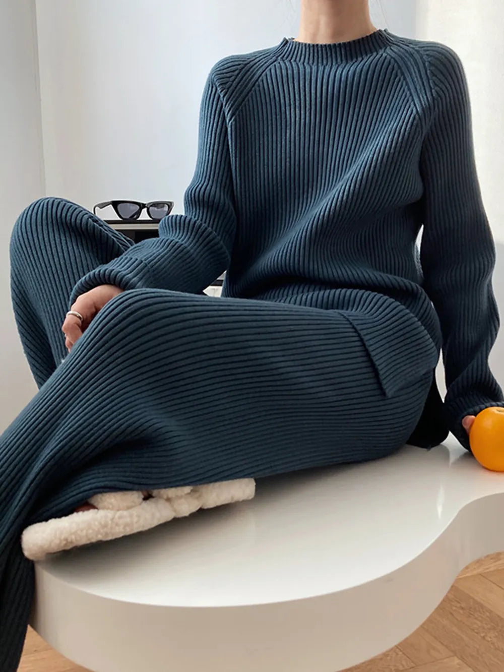 Mock Neck Raglan Sleeve Top and Pants Sweater Set - Fashorio