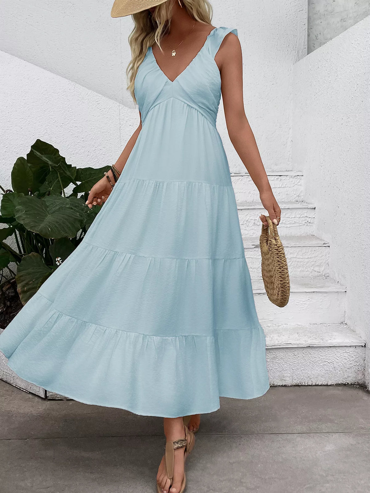 V neck tiered flutter sleeve maxi dress styled view