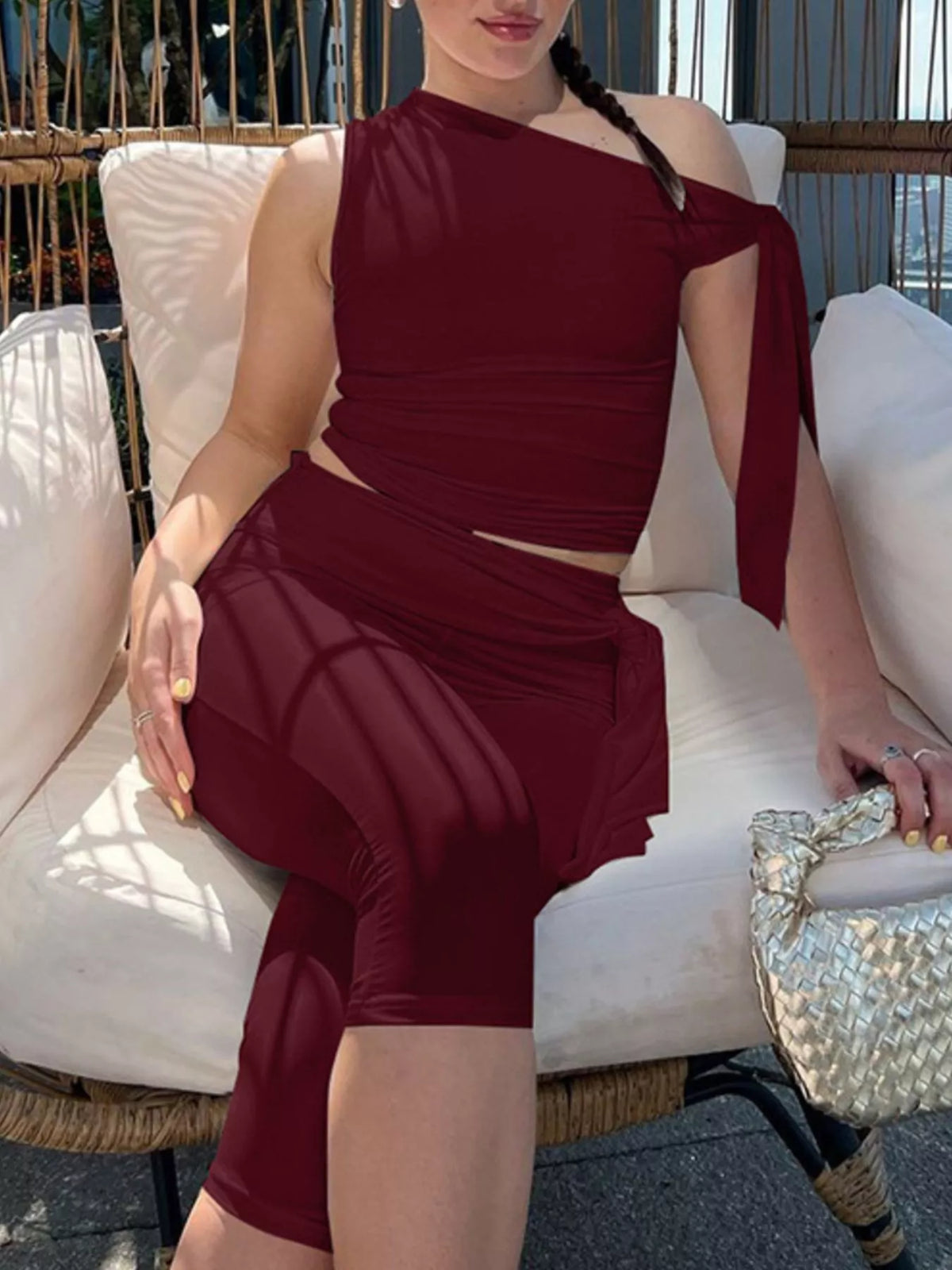 Asymmetrical One Shoulder Top and Capri Two Piece Set, view 16