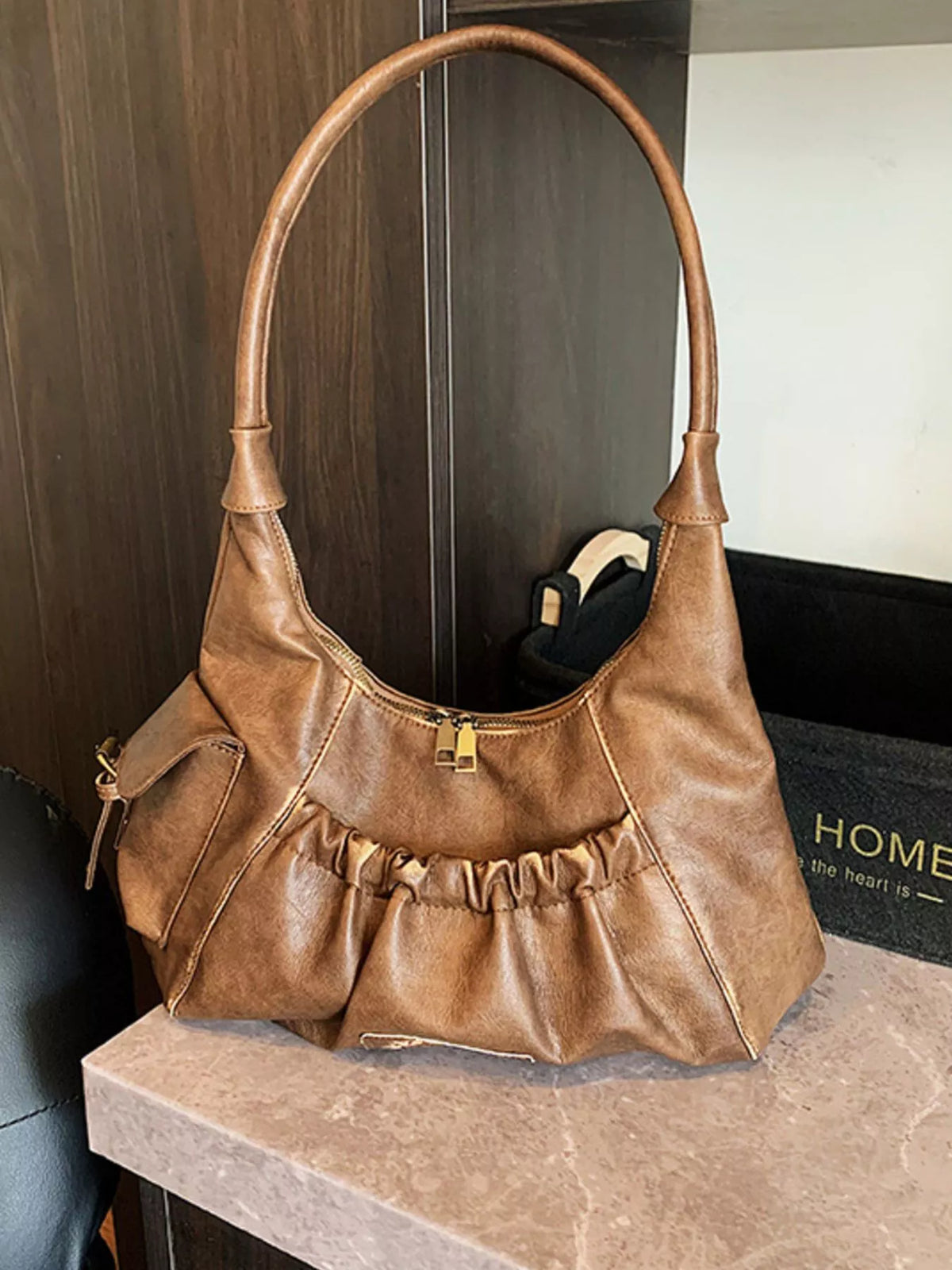 Ruched hobo bag side view