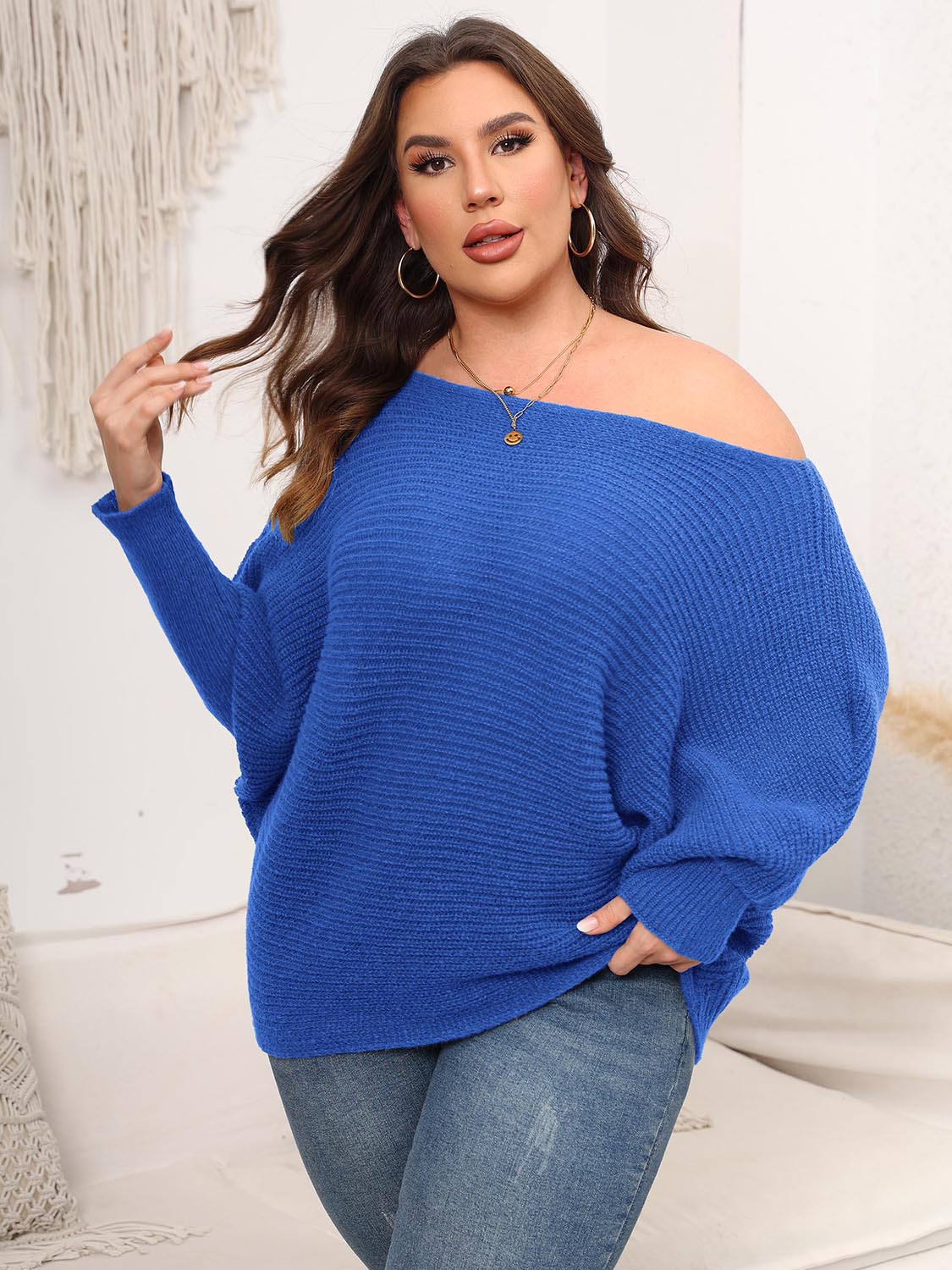 Full Size Boat Neck Batwing Sleeve Sweater Royal Blue - Fashorio