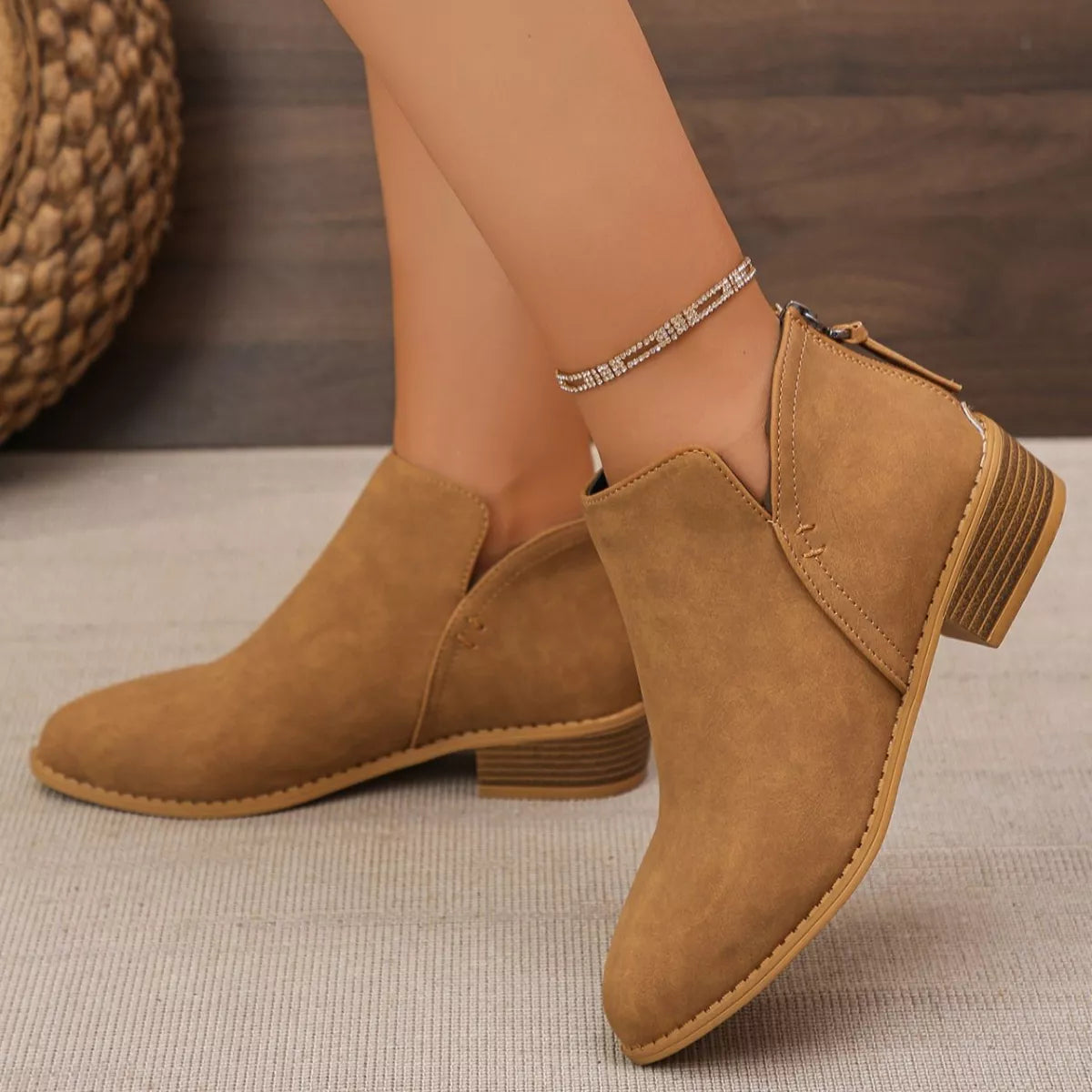 Point toe block heel ankle boots top down view
