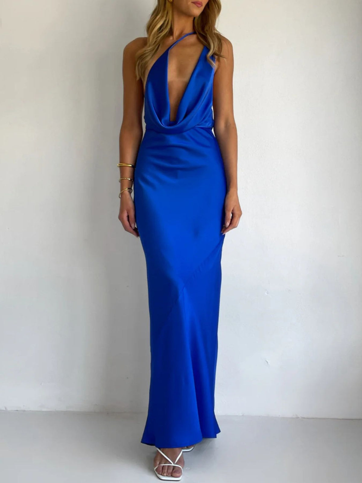 Satin maxi dress on model