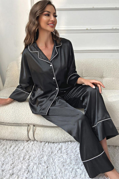 Contrast Piping Button-Up Top and Pants Pajama Set - Fashorio