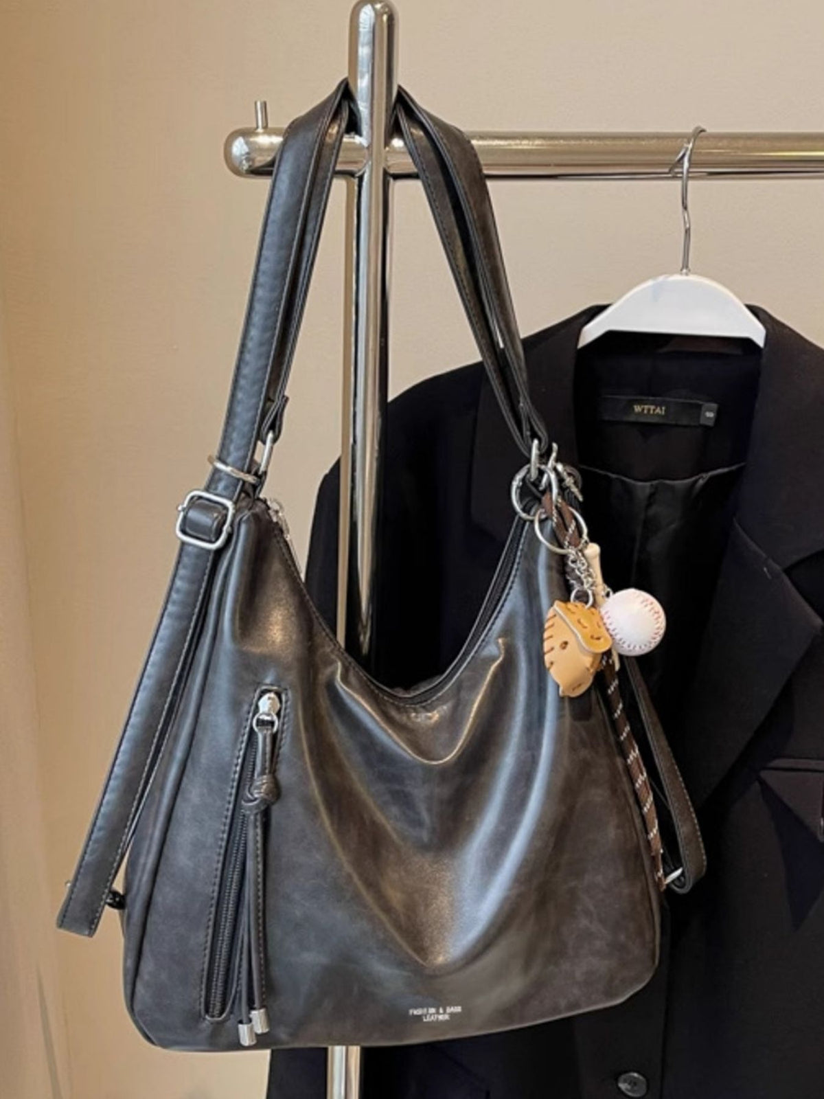 Black PU leather shoulder bag side profile