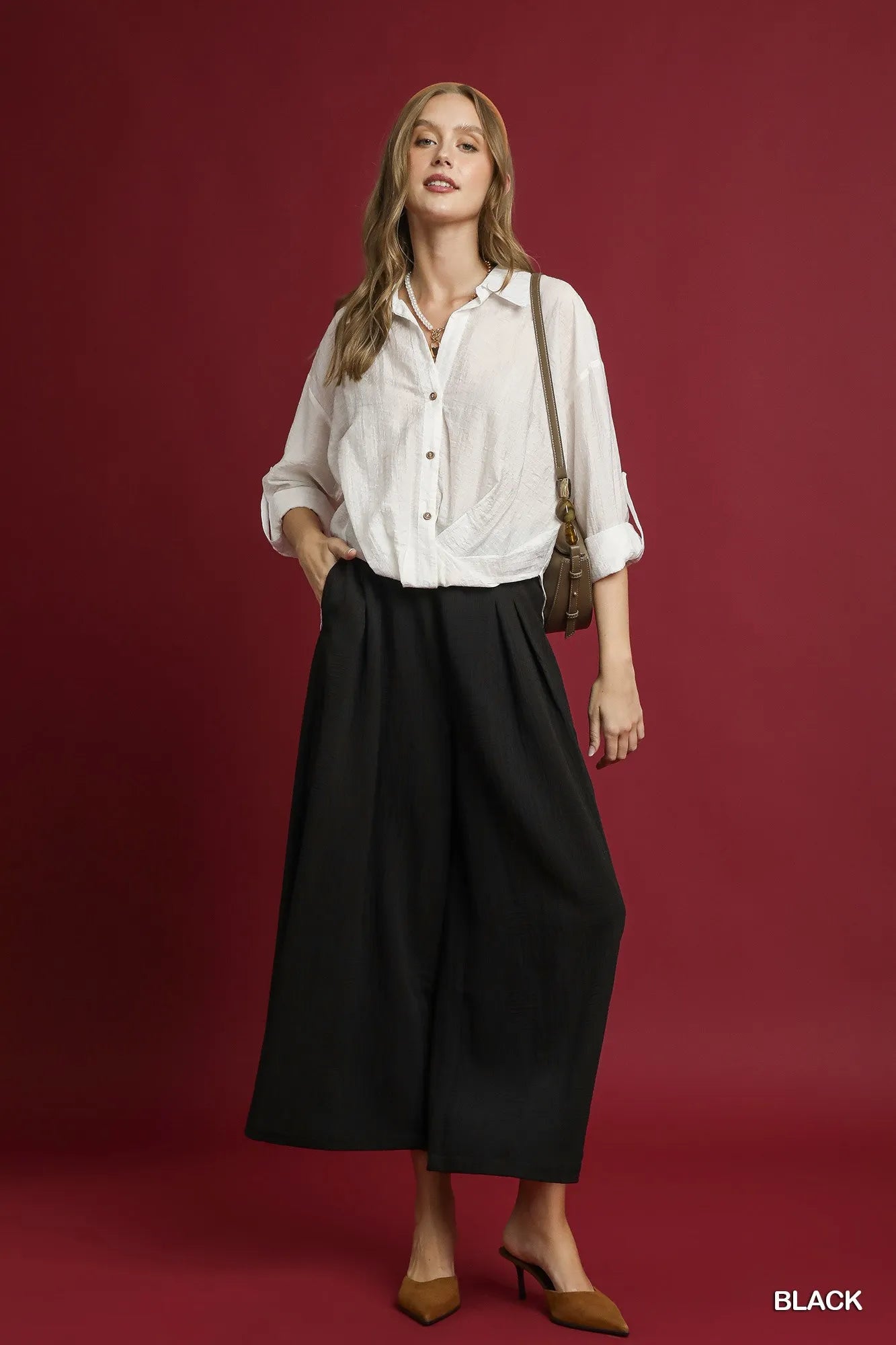 Umgee Elastic Waist Wide Leg Pants Black - Fashorio