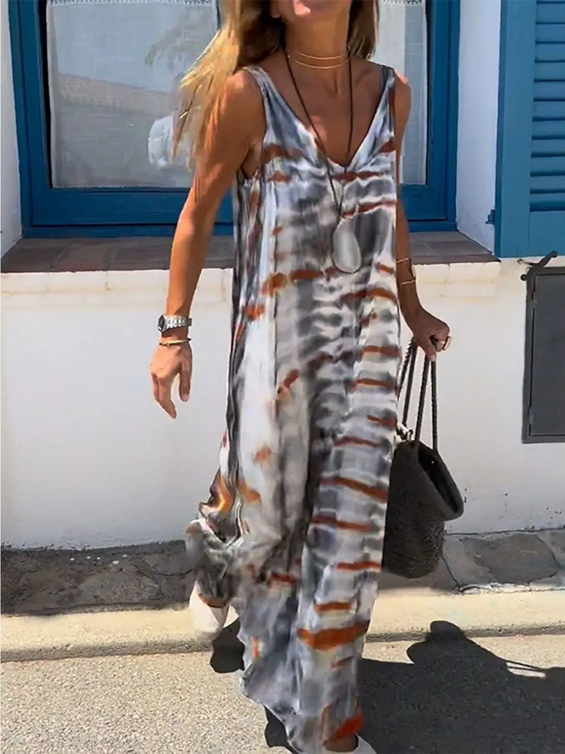 tie dye v neck maxi cami dress front view