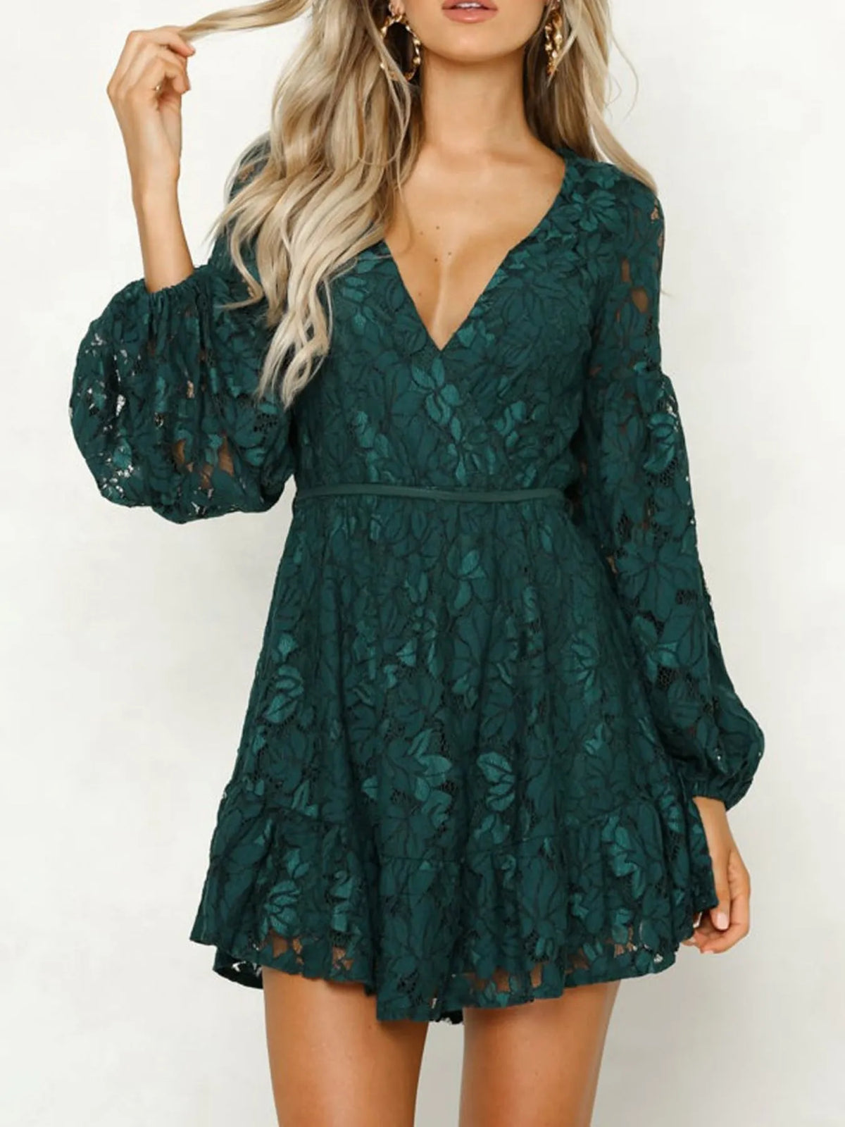 Lace long sleeve mini dress side view