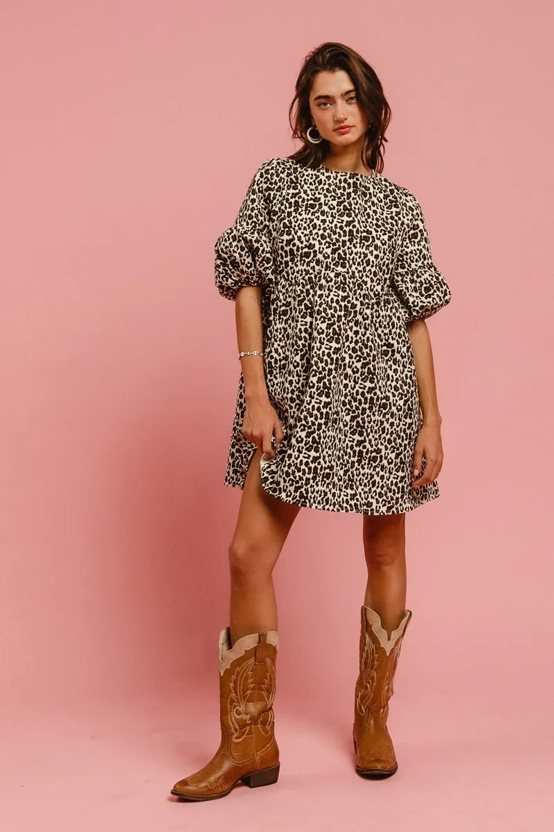 BiBi Leopard Denim Dress With Back Contrast Tie Detail - Fashorio