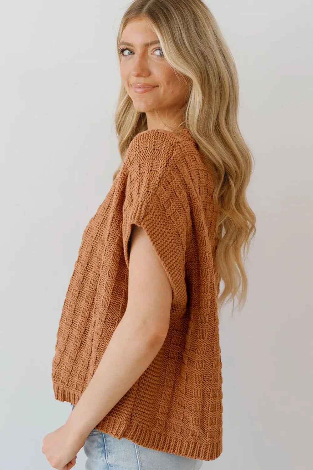 Round Neck Cap Sleeve Sweater Vest in Camel side view