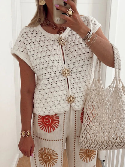 Crochet Short Sleeve Button Front Cardigan White - Fashorio
