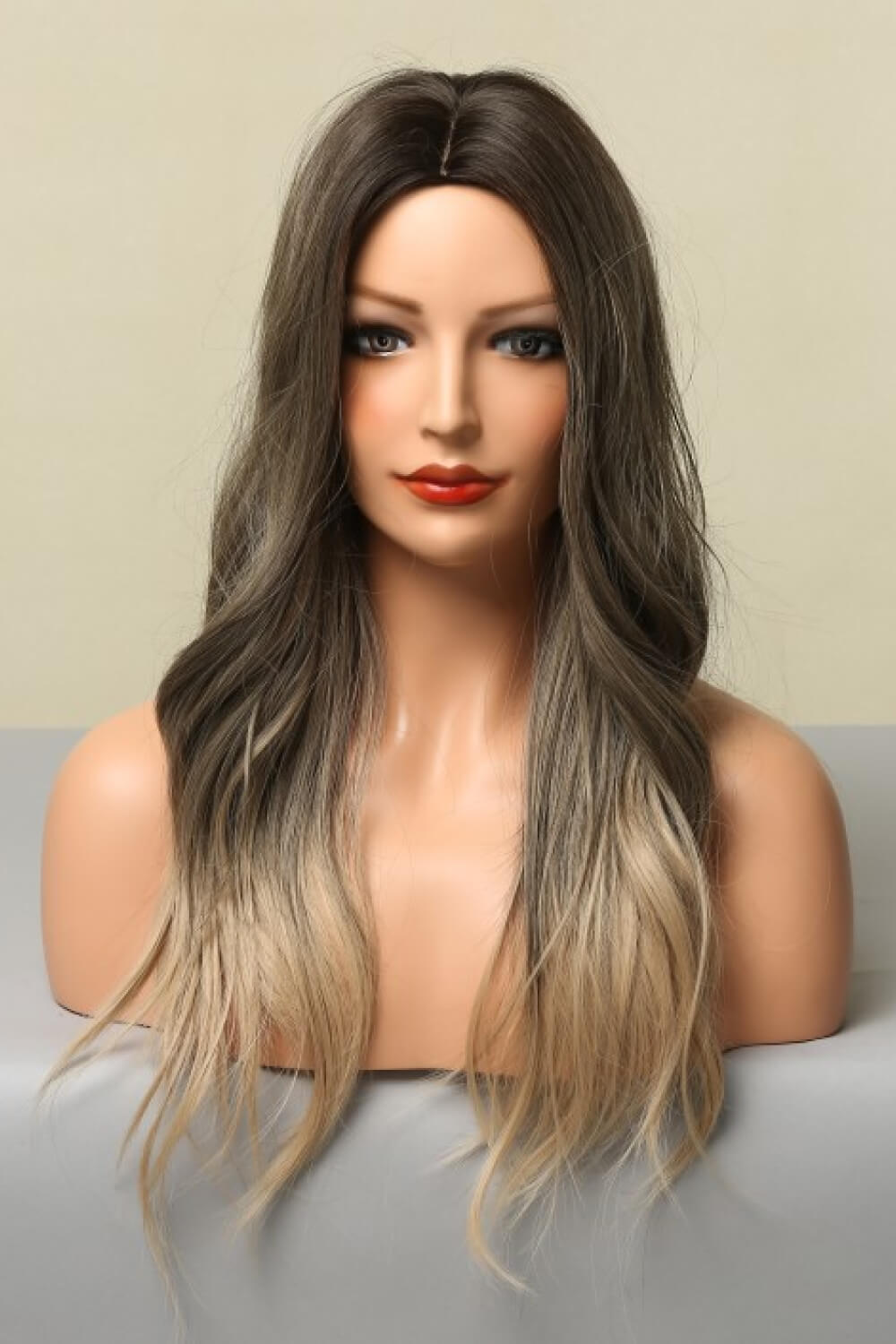 Long straight ash brown blonde ombre wig front view