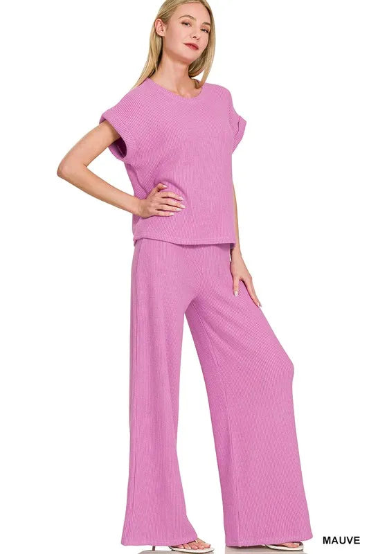 Rolled Sleeve Sweater Top and Pants Set in Mauve