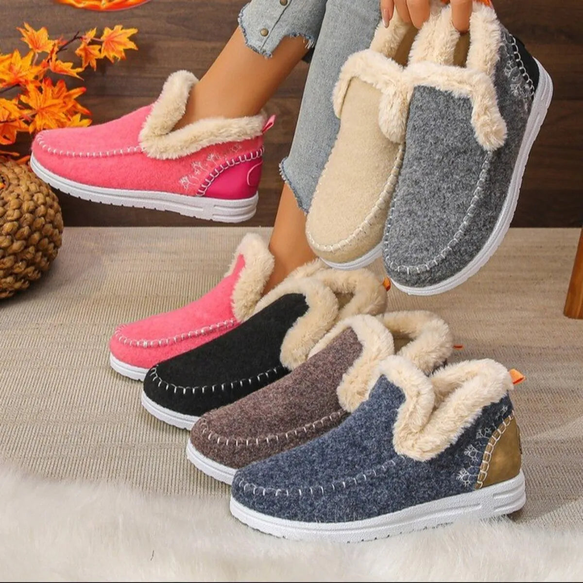 Fleece lined round toe ankle boots front view