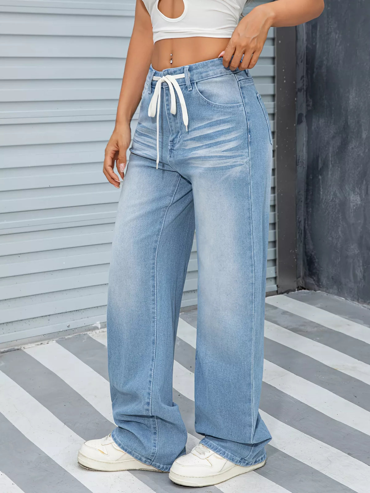 Sky blue wide leg jeans side view