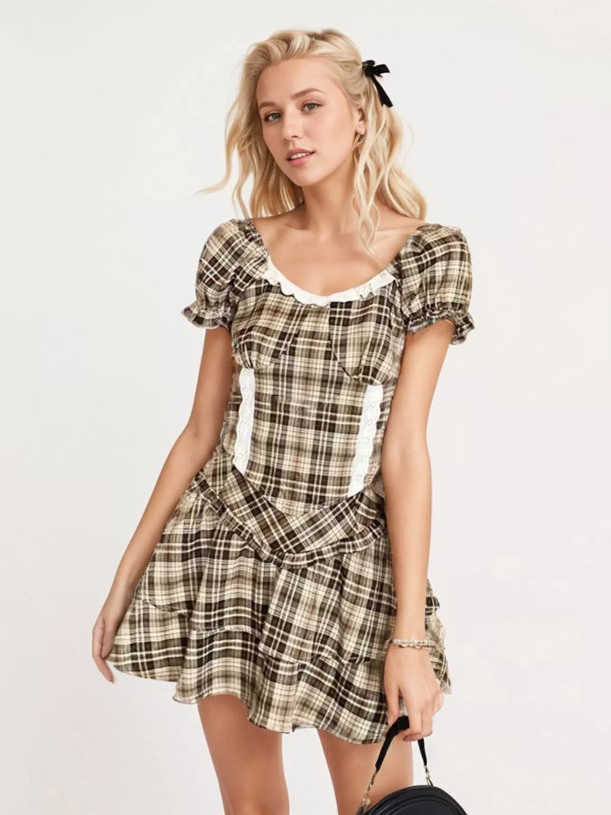 Plaid Puff Sleeve Top and Skirt Set, view 6