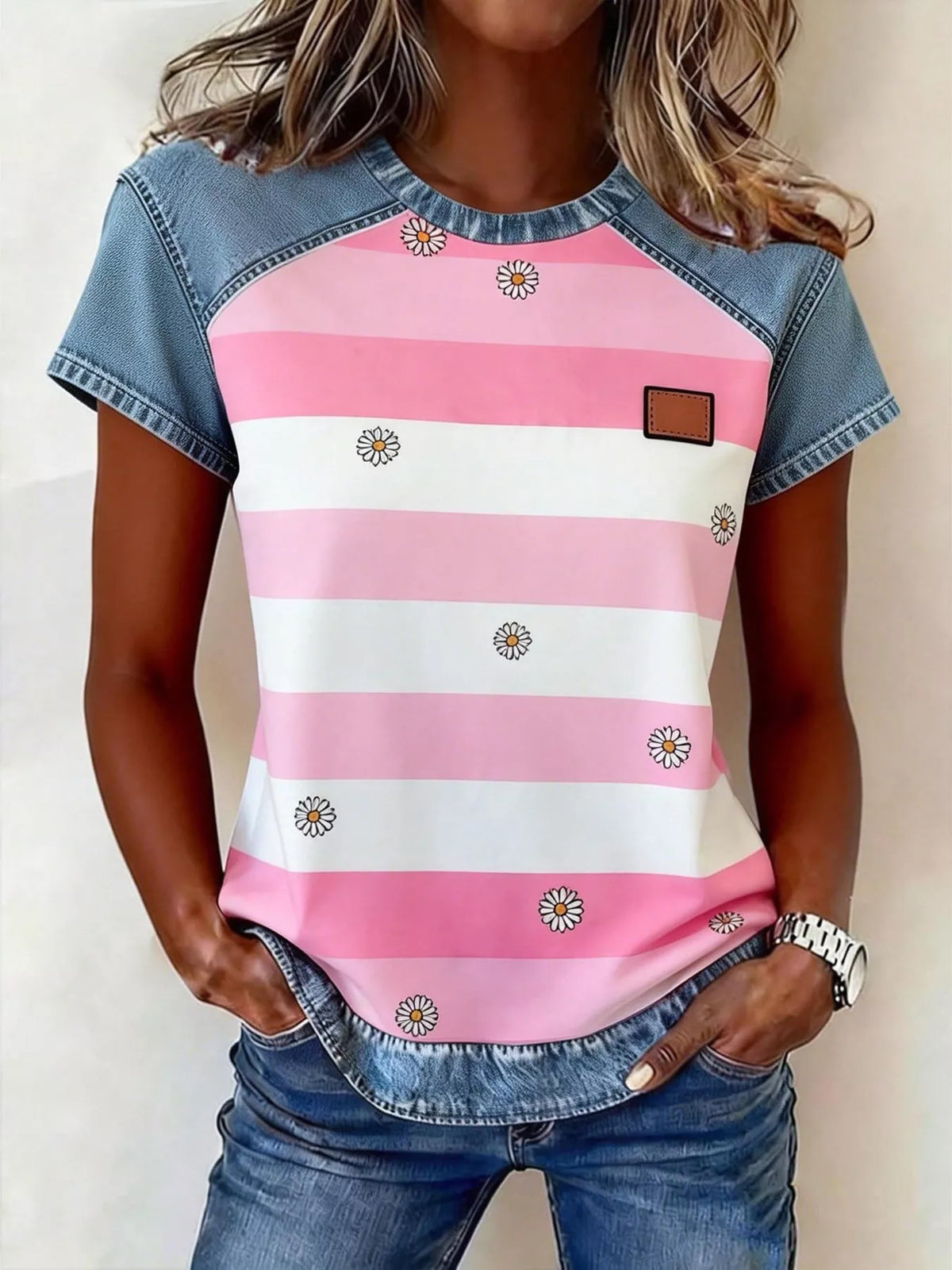 Short sleeve detail on the woven patchwork blouse