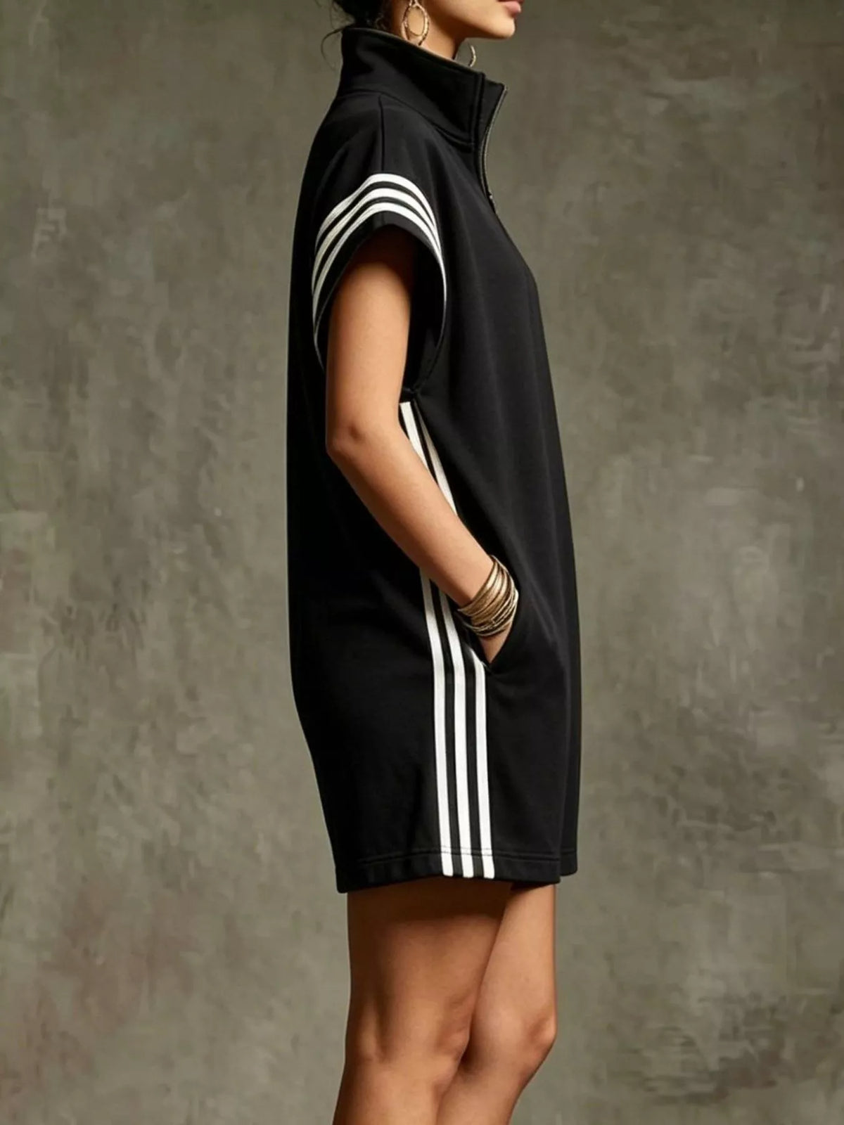 Striped zip front short sleeve romper side view