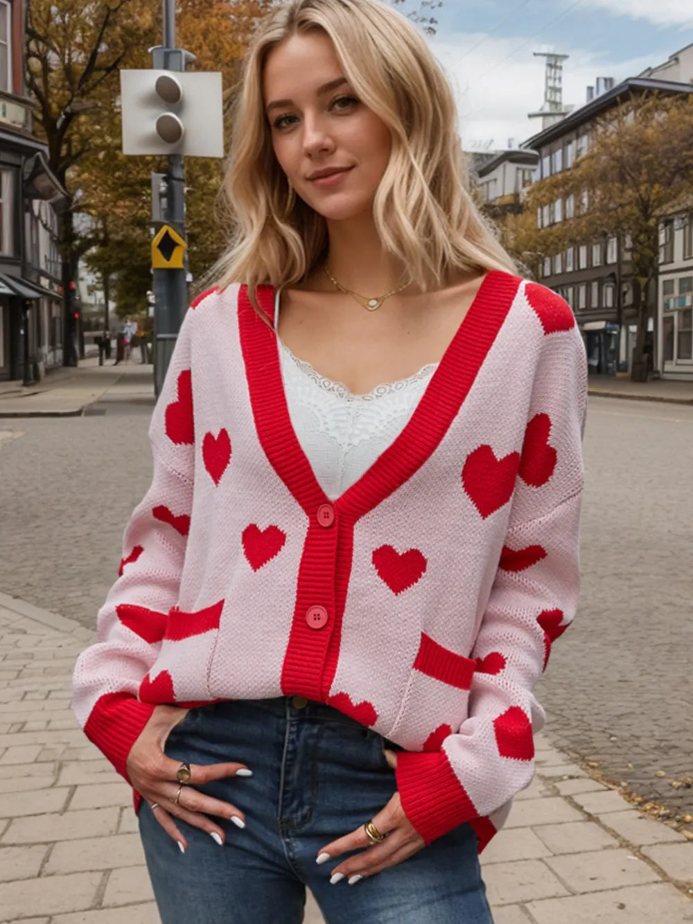 Heart Button Up Dropped Shoulder Long Sleeve Cardigan Blush Pink - Fashorio