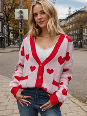 Heart Button Up Dropped Shoulder Long Sleeve Cardigan Blush Pink - Fashorio