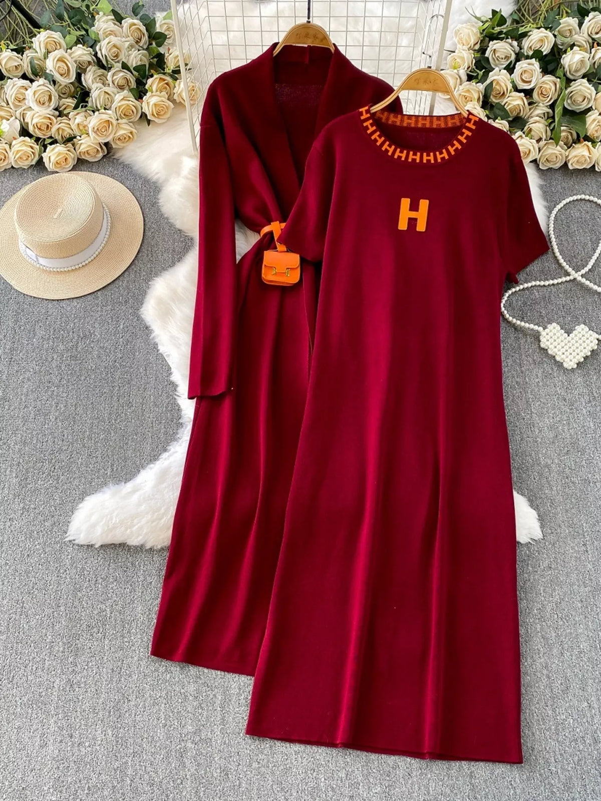 Round Neck Knitted Dress and Cardigan Set, view 6